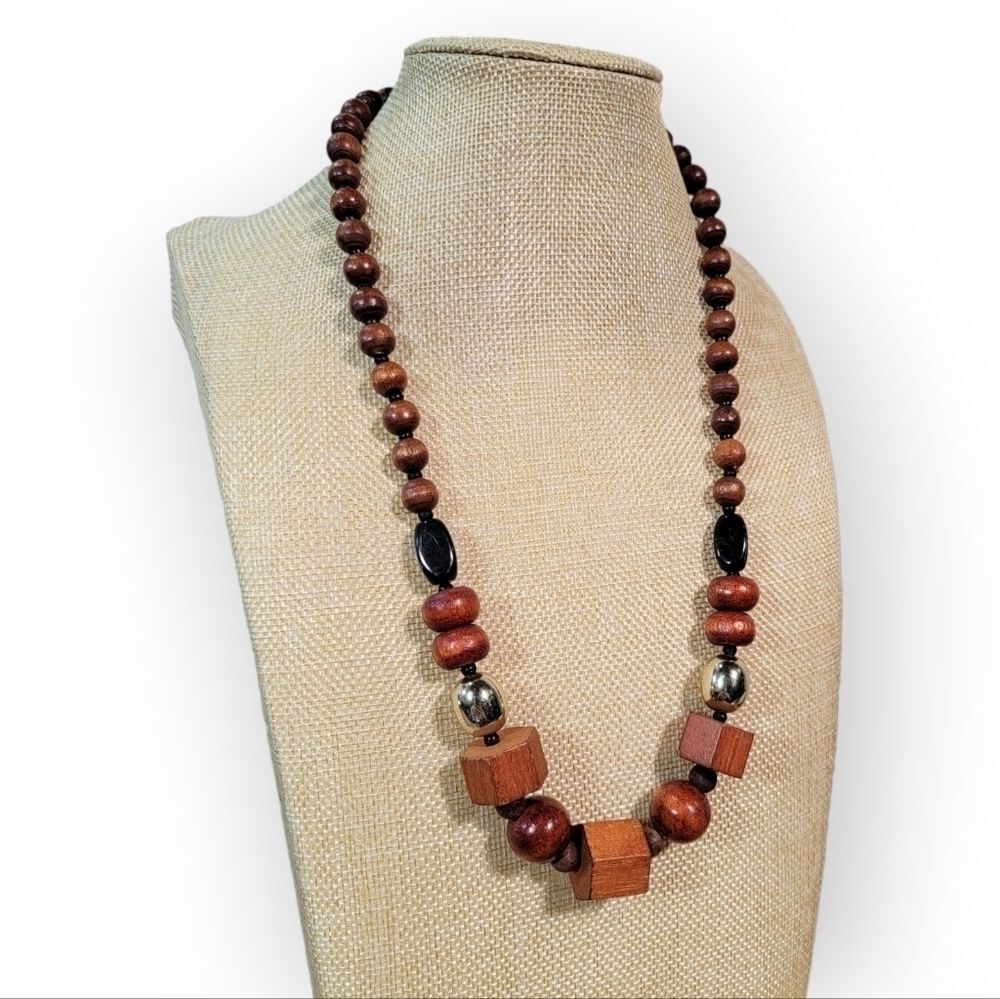 Vintage Chunky Wooden Statement Necklace Geometric Boho Beaded